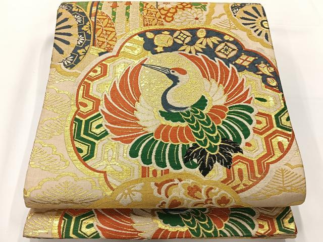 平和屋着物◎アンティーク 大正ロマン 丸帯 飛鶴花文 金糸 正絹 逸品 AABF9792uk