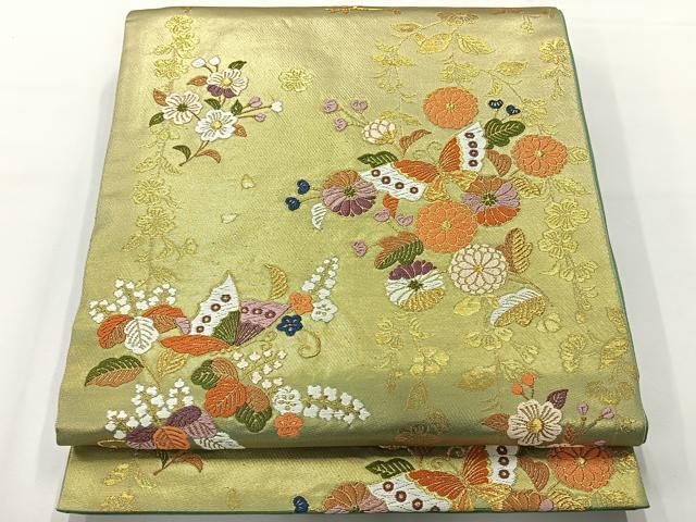 平和屋着物◎六通柄袋帯 唐織 舞蝶花文 金糸 鈴乃屋扱い 正絹 逸品 AABF9800uk