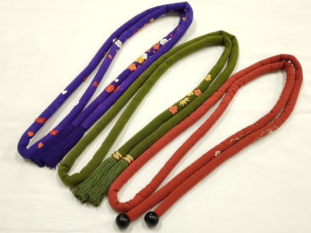 平和屋着物●和装小物 上質な帯締め3本セット 丸ぐけ 刺繍 松竹梅 花柄 金糸 撚り房 逸品 AABF9898ay