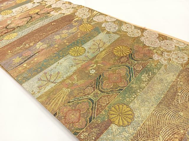 平和屋着物◎六通柄袋帯 唐織 横段花鳥文 金糸 正絹 逸品 AABG0008uk