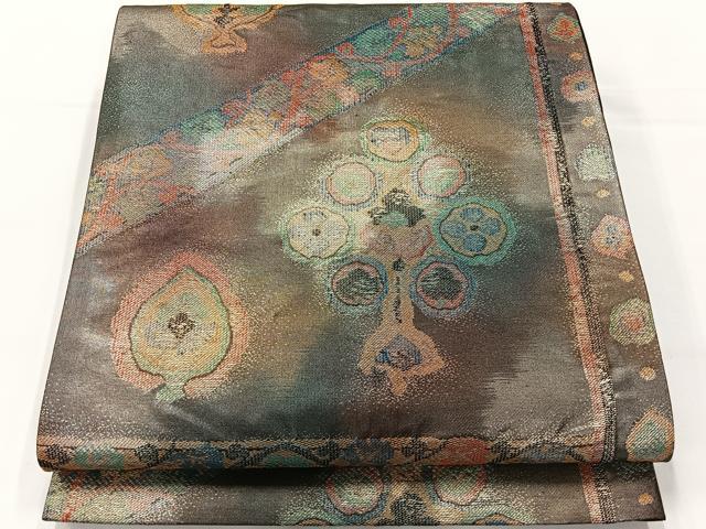 平和屋着物◎六通柄袋帯 草花文 引箔 正絹 逸品 AABG0020uk