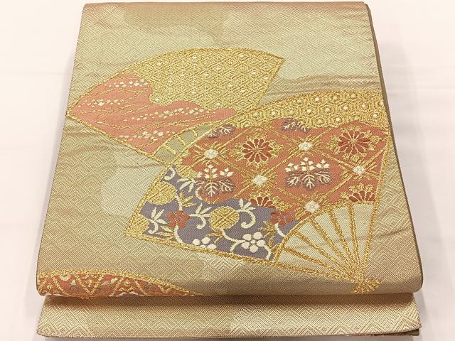 平和屋着物◎六通柄袋帯 唐織 扇面花文 金糸 正絹 逸品 AABG0021uk