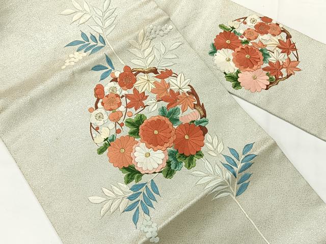 平和屋着物◎九寸名古屋帯 総刺繍 花丸文 金銀糸 正絹 逸品 AABG0059uk