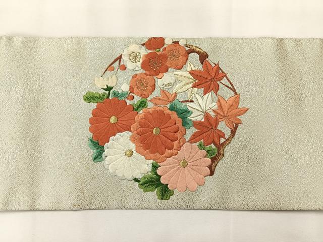 平和屋着物◎九寸名古屋帯 総刺繍 花丸文 金銀糸 正絹 逸品 AABG0059uk