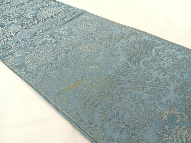 平和屋着物◎六通柄袋帯 動物花文 銀糸 正絹 逸品 AABG0074uk
