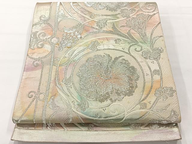 平和屋着物◎六通柄袋帯 更紗花文 銀糸 正絹 逸品 AABG0081uk