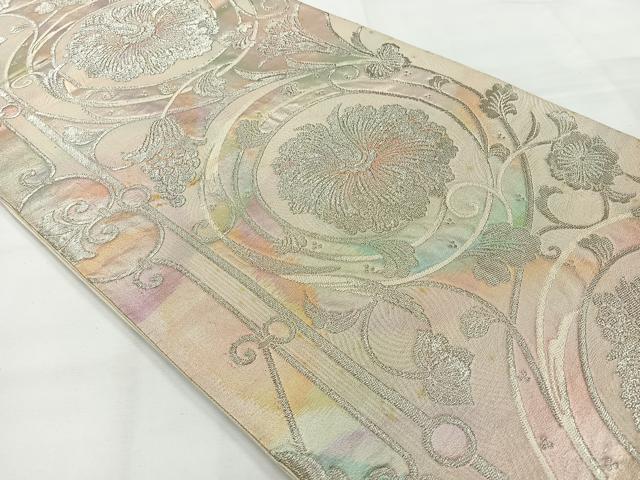 平和屋着物◎六通柄袋帯 更紗花文 銀糸 正絹 逸品 AABG0081uk