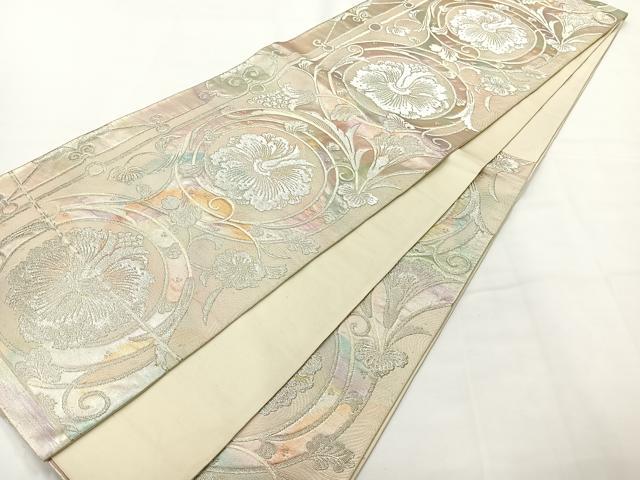 平和屋着物◎六通柄袋帯 更紗花文 銀糸 正絹 逸品 AABG0081uk