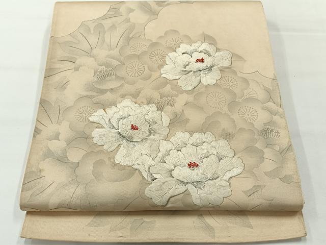 平和屋着物◎太鼓柄袋帯 刺繍 草花文 銀糸 正絹 逸品 AABG0086uk