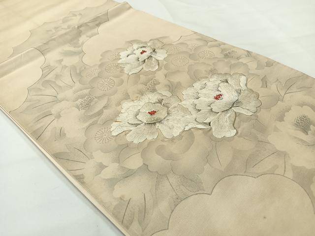平和屋着物◎太鼓柄袋帯 刺繍 草花文 銀糸 正絹 逸品 AABG0086uk