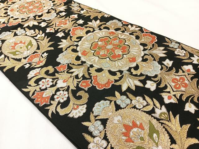 平和屋着物◎六通柄袋帯 都錦 更紗花文 黒地 金糸 正絹 逸品 AABG0092uk