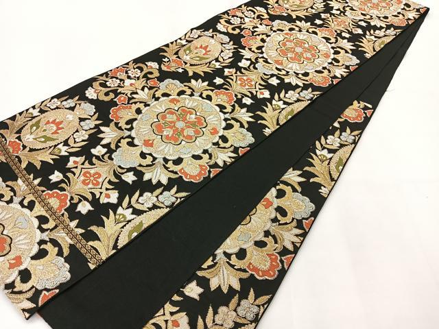 平和屋着物◎六通柄袋帯 都錦 更紗花文 黒地 金糸 正絹 逸品 AABG0092uk
