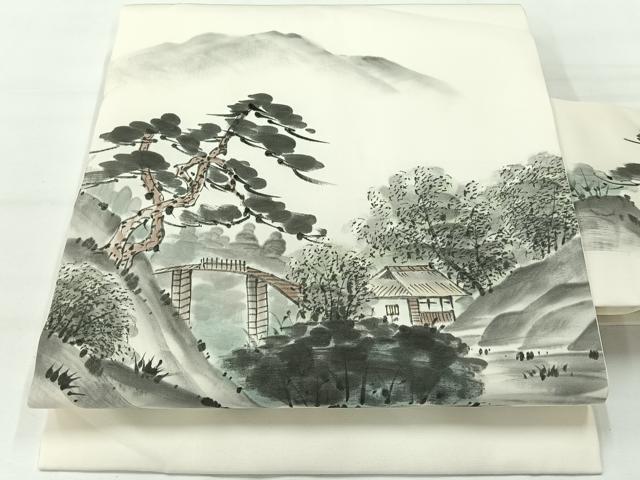 平和屋着物◎九寸名古屋帯 作家物 手描き 風景文 正絹 逸品 AABG0128uk