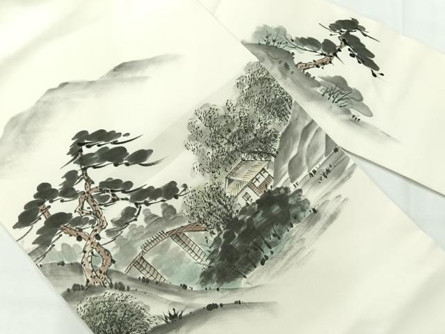 平和屋着物◎九寸名古屋帯 作家物 手描き 風景文 正絹 逸品 AABG0128uk