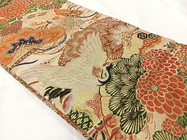 平和屋着物◎アンティーク 大正ロマン 丸帯 飛鶴枝松文 金糸 正絹 逸品 AABG0136uk