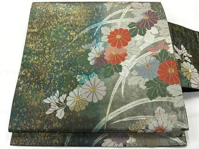 平和屋着物◎九寸名古屋帯 草花文 金銀糸 引箔 正絹 逸品 AABG0144uk