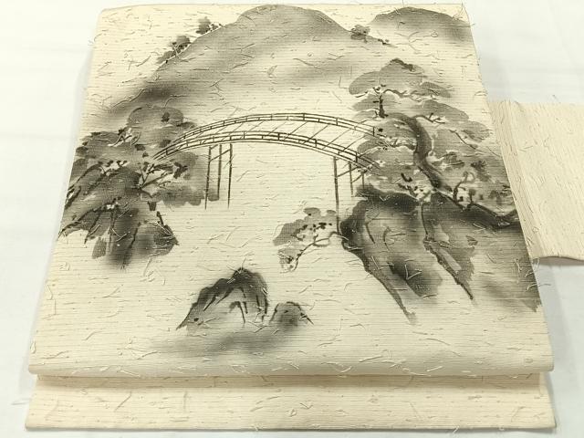 平和屋着物◎九寸名古屋帯 作家物 紬地 風景文 正絹 逸品 AABG0183uk