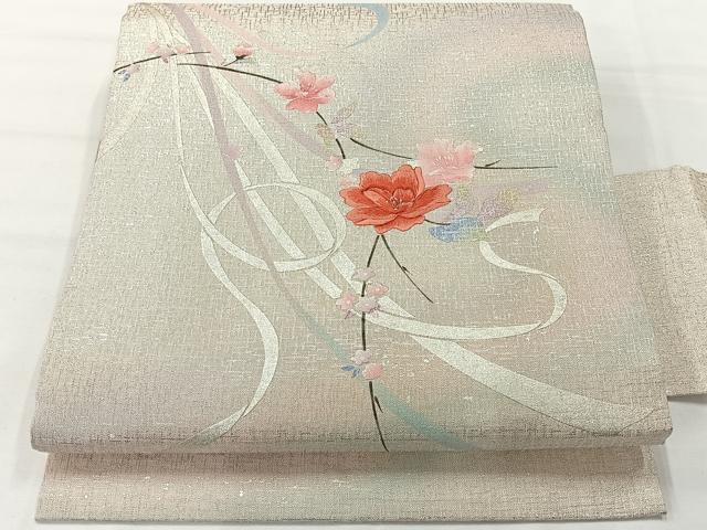 平和屋着物◎九寸名古屋帯 刺繍 熨斗花文 銀糸 銀彩 正絹 逸品 AABG0184uk