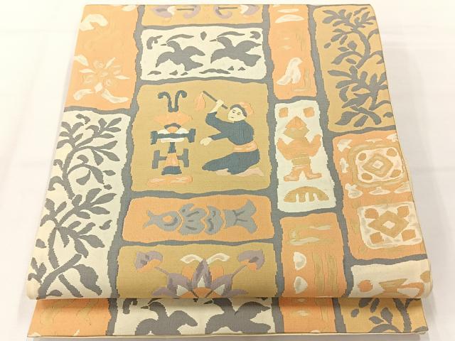 平和屋着物◎六通柄袋帯 人物花文 正絹 逸品 AABG0192uk