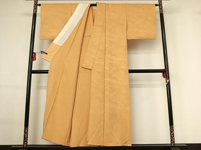 平和屋着物▽上質な色無地 単衣 芝地紋 杏色 正絹 逸品 AABG0206jh