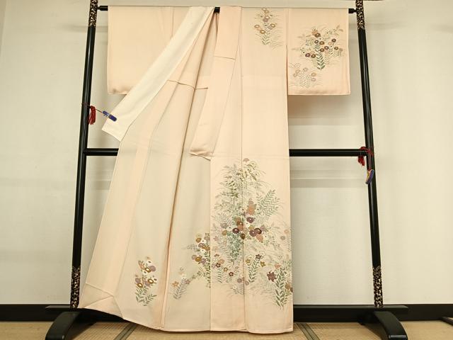 平和屋着物▽訪問着 単衣 刺繍 草花文 正絹 逸品 AABG0210jh