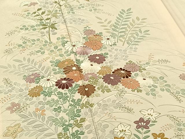 平和屋着物▽訪問着 単衣 刺繍 草花文 正絹 逸品 AABG0210jh
