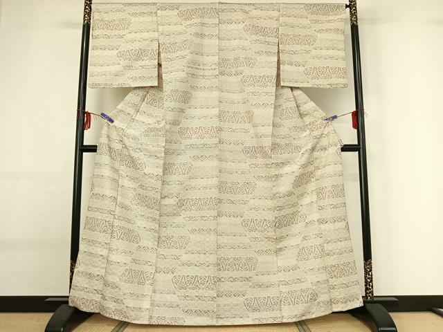 平和屋着物▽上質な小紋 単衣 横段花文 正絹 逸品 AABG0212jh
