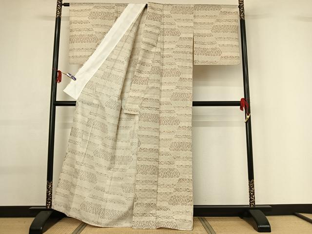 平和屋着物▽上質な小紋 単衣 横段花文 正絹 逸品 AABG0212jh