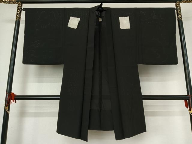 平和屋着物▽男性 羽織 黒紋付 スリーシーズン 春夏秋 塵除け 暗黒色 正絹 逸品 AABG0219jh