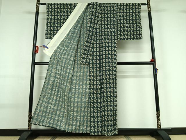 平和屋着物▽上質な小紋 単衣 草花文 鬼しぼ縮緬 正絹 逸品 AABG0229jh