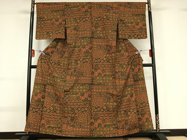 平和屋着物▽上質な紬 単衣 手描き 横段更紗花文 正絹 逸品 AABG0231jh
