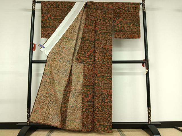 平和屋着物▽上質な紬 単衣 手描き 横段更紗花文 正絹 逸品 AABG0231jh