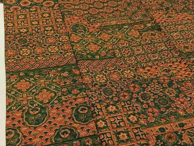 平和屋着物▽上質な紬 単衣 手描き 横段更紗花文 正絹 逸品 AABG0231jh