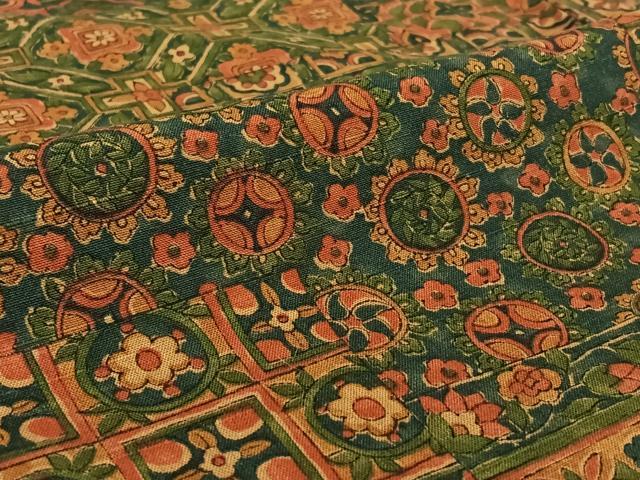 平和屋着物▽上質な紬 単衣 手描き 横段更紗花文 正絹 逸品 AABG0231jh