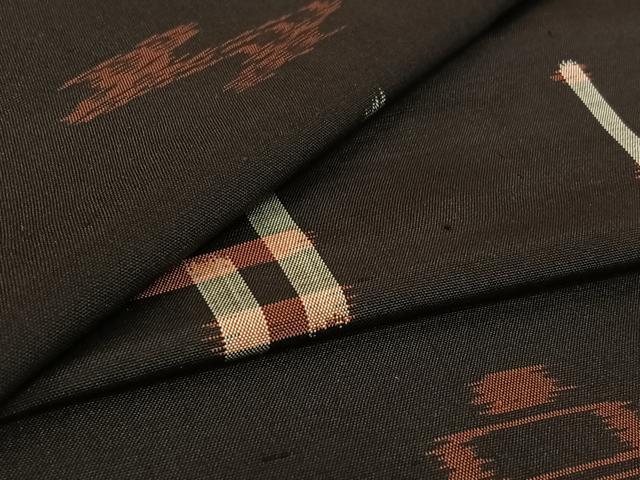 平和屋着物▽上質な紬 単衣 幾何学文様 黒地 正絹 逸品 AABG0244jh