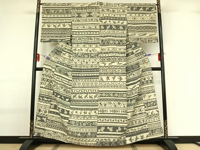 平和屋着物▽本塩沢 単衣 横段花鳥文 正絹 逸品 AABG0250jh