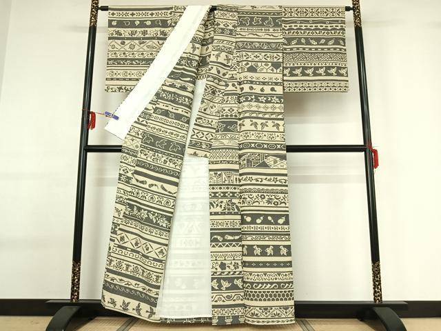 平和屋着物▽本塩沢 単衣 横段花鳥文 正絹 逸品 AABG0250jh