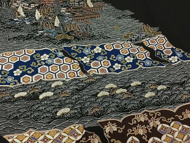 平和屋着物▽豪華黒留袖 単衣 刺繍 風景吉祥花文 金糸 金彩 正絹 逸品 AABG0271jh