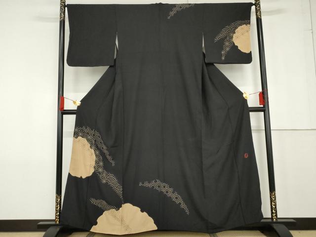 平和屋着物●訪問着 作家物 紬地 刺し子 雪輪吉祥文 黒地 正絹 逸品 AABG0292cs