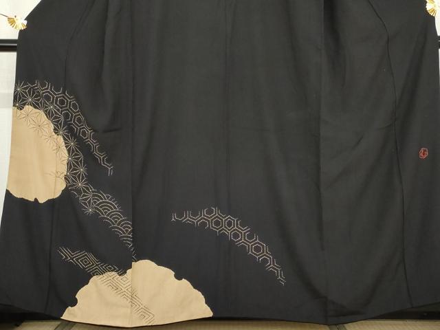 平和屋着物●訪問着 作家物 紬地 刺し子 雪輪吉祥文 黒地 正絹 逸品 AABG0292cs