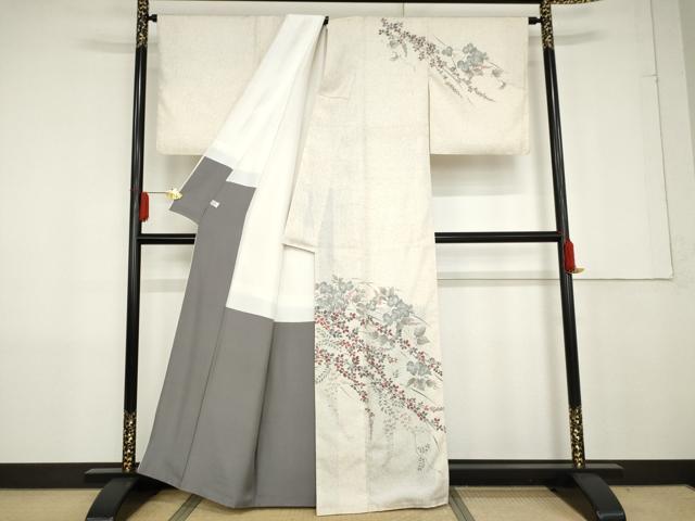 平和屋着物●訪問着 紬地 手描き 蔦の葉花文 正絹 逸品 AABG0294cs