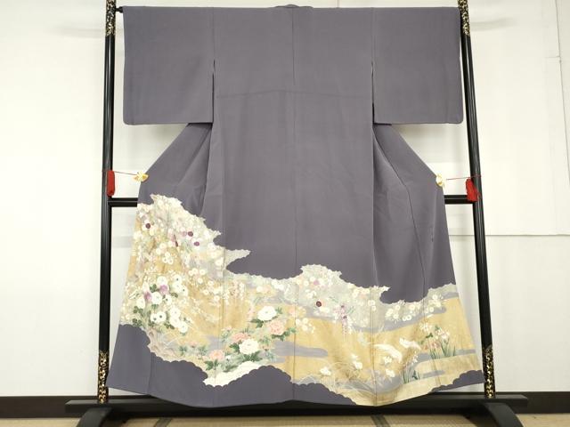 平和屋着物●京の名門 じゅらく謹製 帝王紫(古代帝王紫) 色留訪問着 刺繍 花鳥文 金糸 金彩 正絹 逸品 AABG0305cs