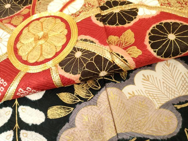 平和屋着物●豪華振袖・長襦袢(袷)セット 梅松花文 黒地 金彩 半衿刺繍 正絹 逸品 AABG0306cs