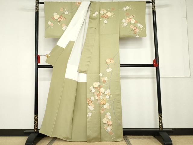 平和屋着物●英王室献上友禅作家 木下勝功 訪問着 ラインストーン 枝花文 金彩 銀通し地 正絹 逸品 AABG0310cs