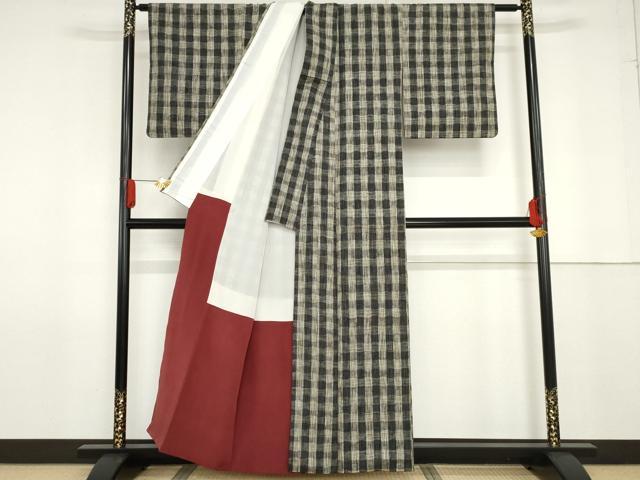 平和屋着物●上質な紬 格子 正絹 逸品 AABG0330cs
