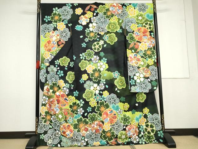 平和屋着物●豪華振袖 舞花文 暈し染め 黒地 洗える着物 未使用 AABG0348cs