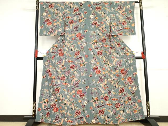 平和屋着物●上質な小紋 型染め 流水花鳥文 正絹 逸品 未使用 AABG0356cs