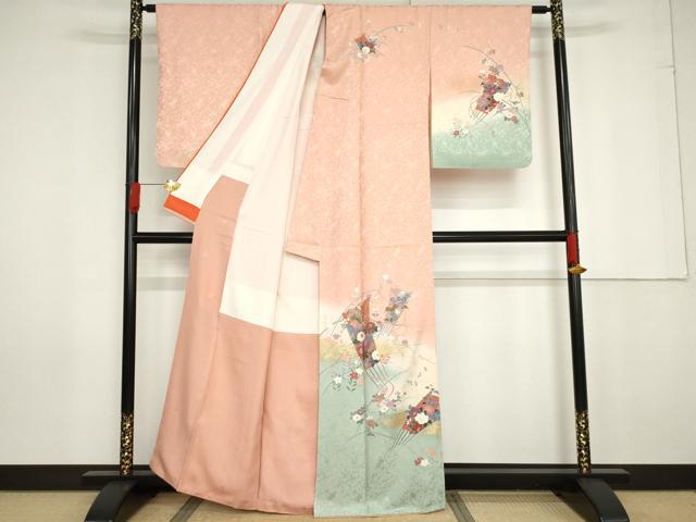 平和屋着物●訪問着 扇面草花文 暈し染め 金銀彩 正絹 逸品 AABG0373cs