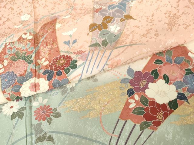平和屋着物●訪問着 扇面草花文 暈し染め 金銀彩 正絹 逸品 AABG0373cs