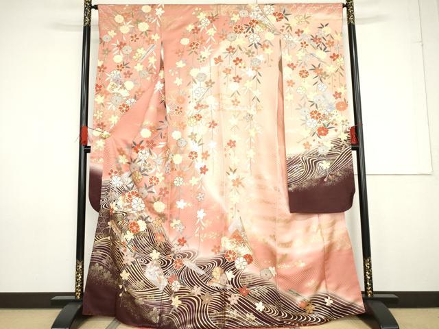 平和屋着物●豪華振袖 立波扇面枝垂れ花文 暈し染め 金銀彩 正絹 逸品 AABG0375cs